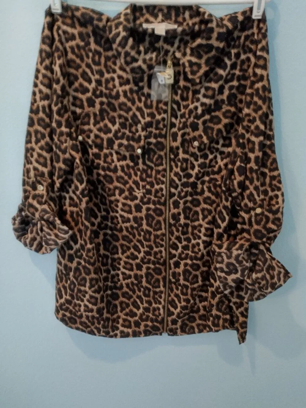 Michael Kors Full Zip Shirt Black/Brown Leopard Roll Tab Sleeves 2X
